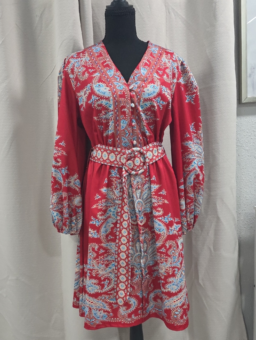 SHEIN Red Paisley-Print Long Sleeve Belted Dress